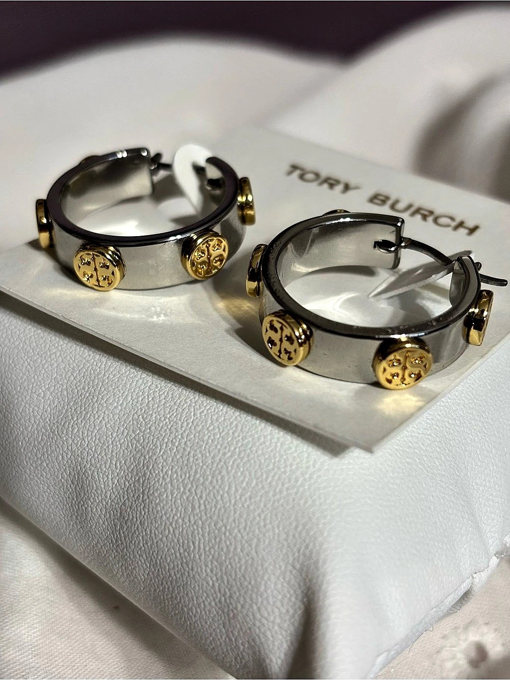 Tory Burch Small Icon Hoop Earrings Silver & Gold